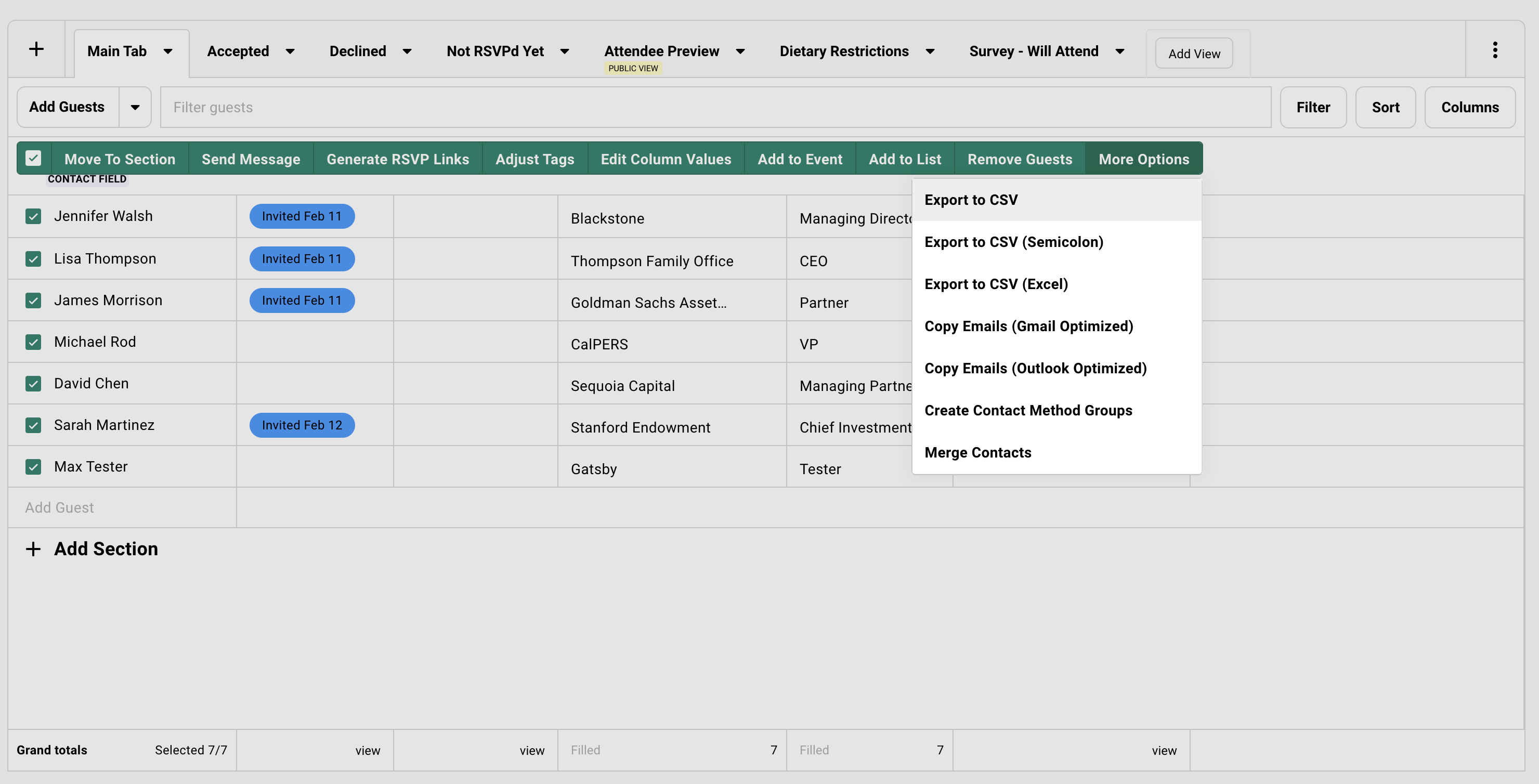 With guests selected, you're able to go underneath more options and export contacts. 