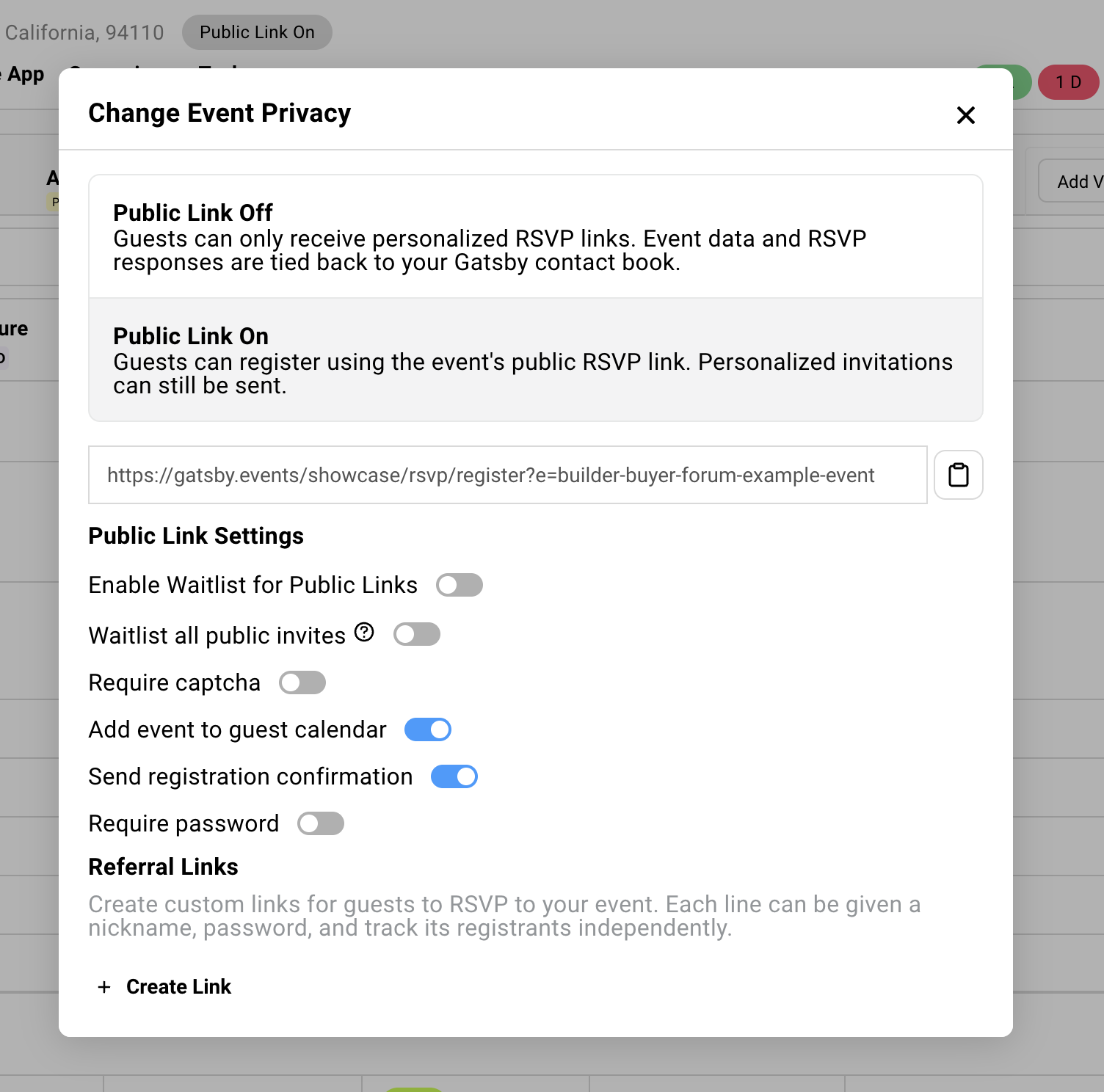 This screenshot shows what it looks like to enable an open registration link in the public link dialog box.
